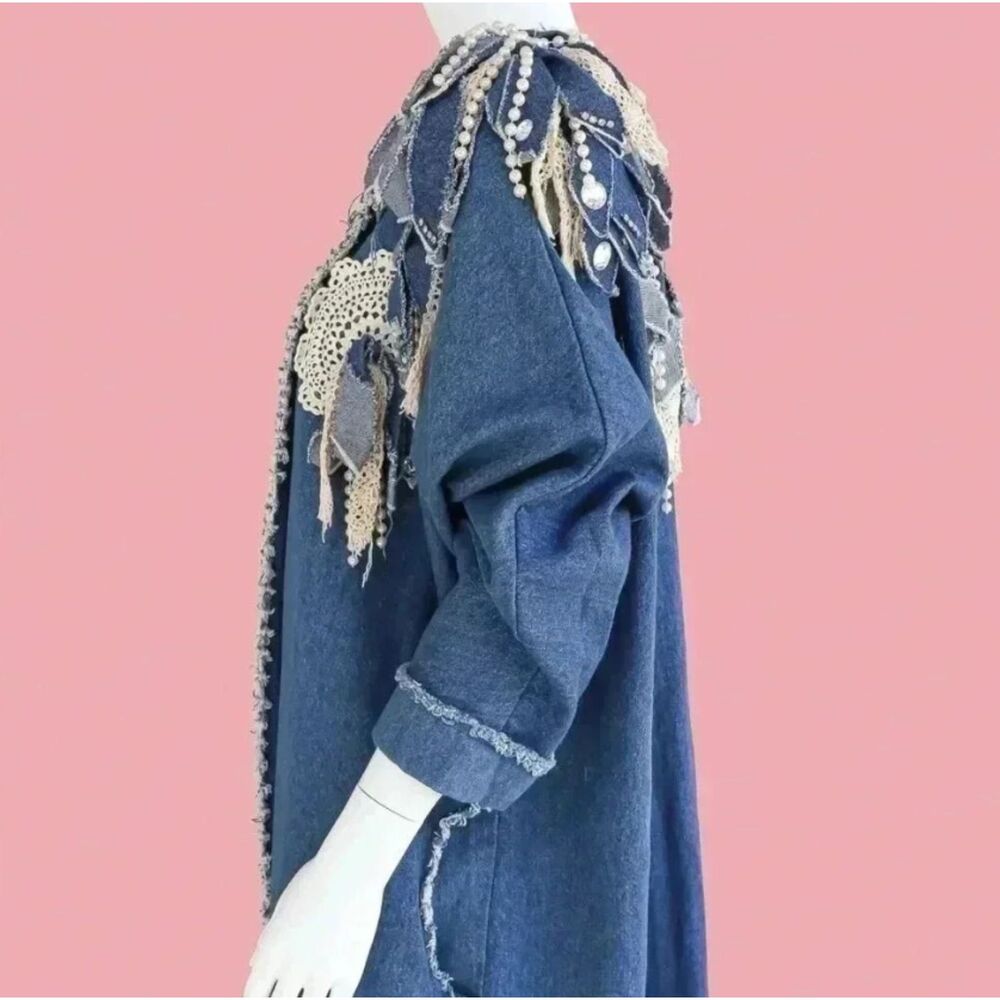 Denim Maxi Duster Coat Patchwork Boho Western Festival Fringe Rare Large - Picture 6 of 6